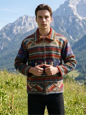 Nepal Bhutan style Wool Multicolor handwoven Zip-Up Jacket